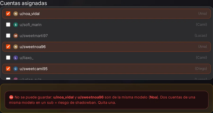 Aviso real de ReddyTracker: no se puede guardar, dos cuentas de la misma modelo en un sub