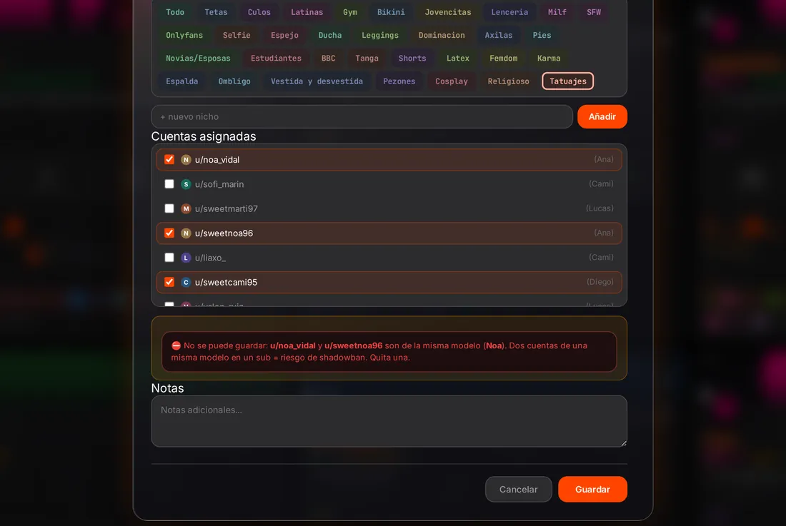 Aviso de duplicado al asignar dos cuentas de la misma modelo a un sub